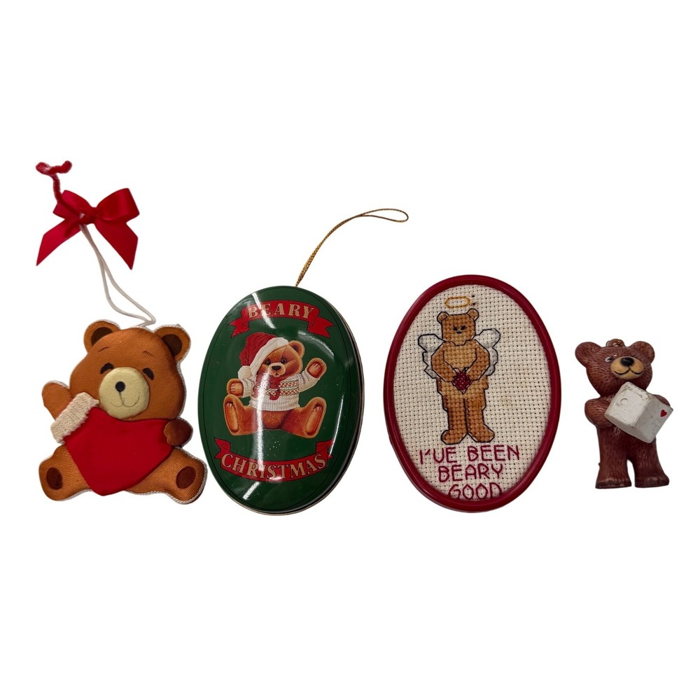 Vintage Christmas Teddy Bear Ornament Lot Wangs International Tin Cross Stitch